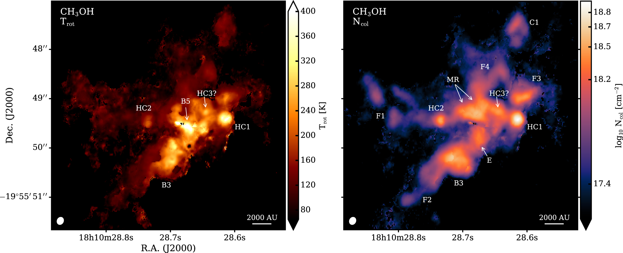 Rotational temperature and column density maps of the high-mass star-forming region G10.6-0.4, which illustrate its complex physical and chemical structure.