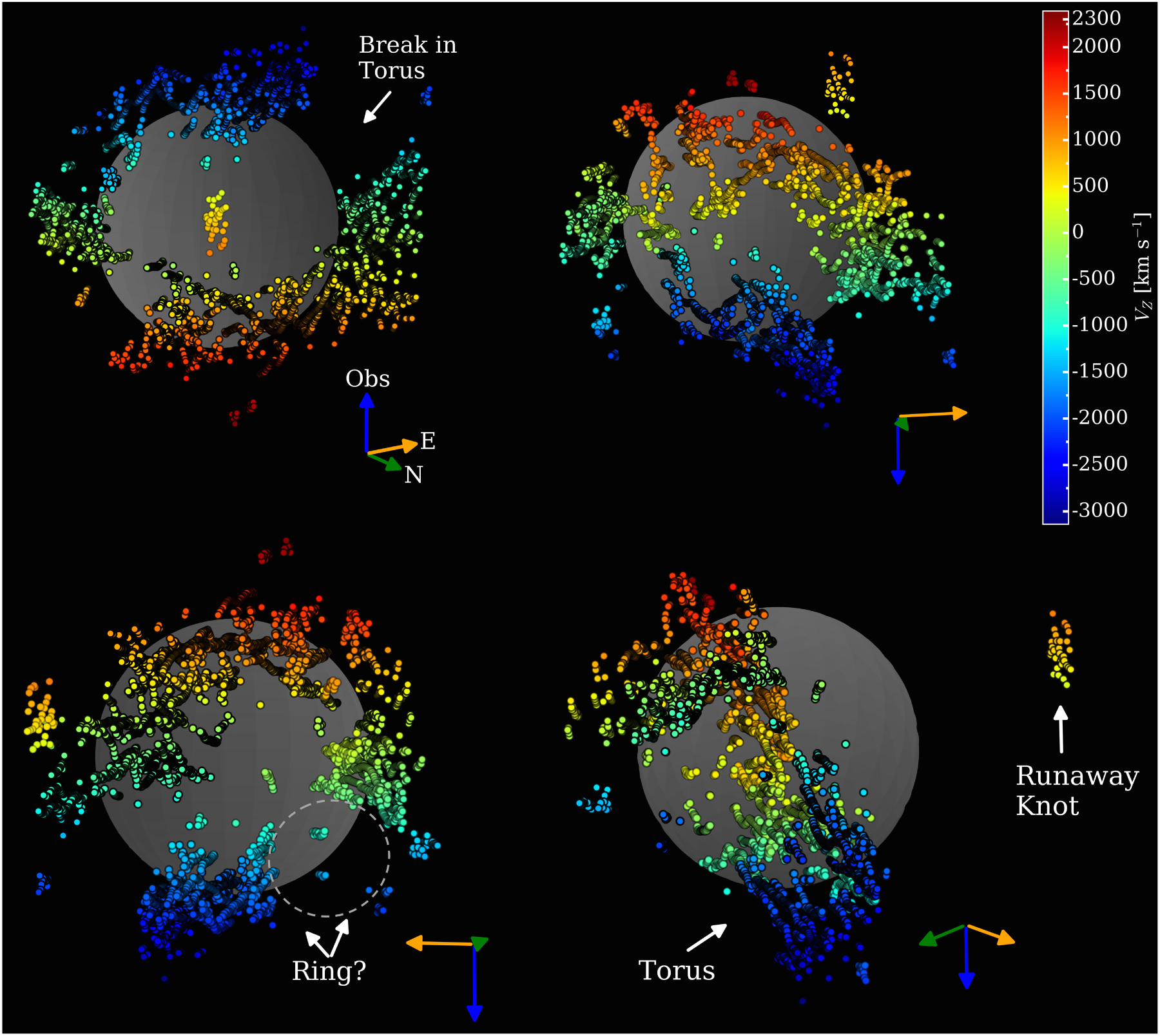 Several views of a 3D kinematic reconstruction of the O-rich supernova remnant N132D, which show a torus-like ejecta distribution.